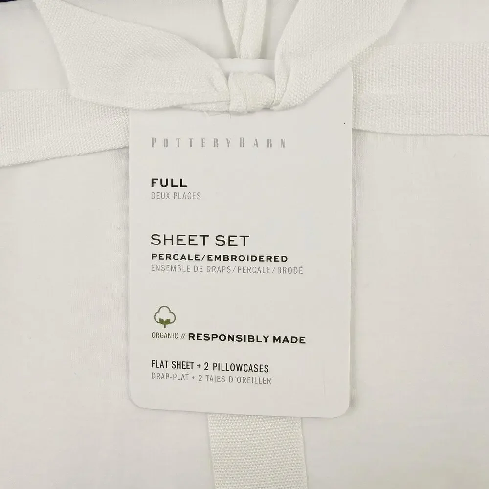 Pottery Barn Parker Organic Percale Sheet Set FULL/DOUBLE Twilight Blue White